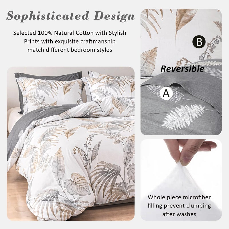 ALEISSEL Natural Cotton 3pcs Floral Comforter Sets Queen Size-Gray Comforter with Luxurious Brown Branches and Taupe & Gray Leaves on White, Reversible Lightweight Bedding Sets(Queen) - Image 2